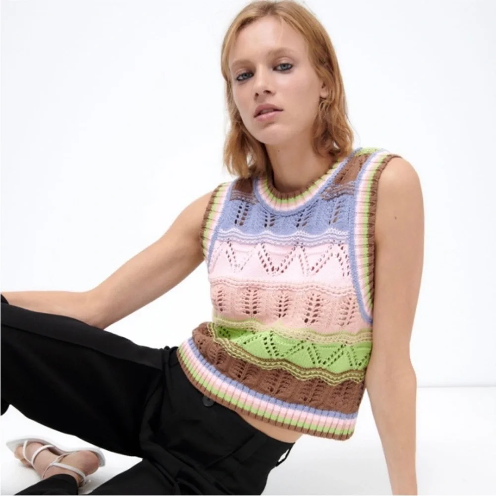 Zara Multicolor Crochet Knit Sleeveless Vest Top